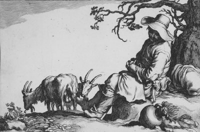 17世紀のシリーズ「16人の農民の主題」からのヤギ飼いとヤギの牧歌。 作： Cornelis Bloemaert