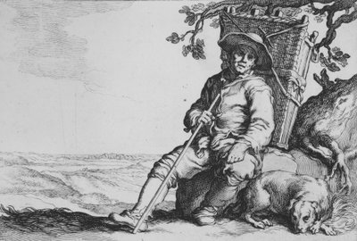 17 世紀のシリーズ「16 人の農民の主題」の犬を連れた旅行者。 作： Cornelis Bloemaert