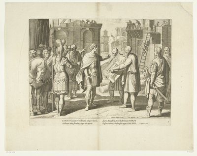 Karel V laat een klooster bouwen, 1555, nr. 8 シーン uit het leven van Karel V (シリーズ タイトル) 皇帝カール 5 世の生涯を、非常に美しいインタリオで描いた、有名な A. テンペストのデザインに、最も熟練した 2 人の巨匠 J. デ ゲイン & によって彫刻されました。 作： Cornelis Boel