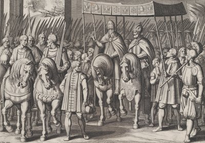 プレート 3: シャルル 5 世の戴冠式皇帝が教皇と共にローマに入る、『シャルルの勝利』より、1614 年。 作： Cornelis Boel