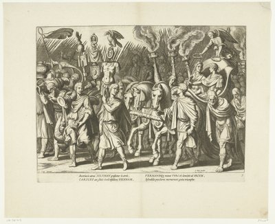 Triomfwagen van Karel V en Ferdinand, na de bevrijding van Wenen van de Turken, ca. 1532年、いいえ。 7 シーン uit het leven van Karel V (シリーズ タイトル) 皇帝カール 5 世の生涯が、有名な A. テンペストのデザインに刻まれた非常に美しいインタリオで描かれています。 作： Cornelis Boel