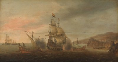 オランダの兵士とスペインのガレー船の間の海戦 作： Cornelis Bol