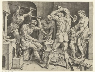 バルカンのワークショップでのヴィーナスとアモール 作： Cornelis Bos