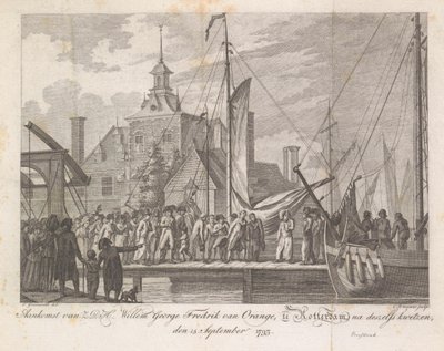 1793年、ロッテルダムに負傷したウィレム・ジョージ・フレデリック王子が到着 H.D.H.の到着 1793 年 9 月 15 日に負傷した後、ロッテルダムでのウィレム ジョージ フレドリック ヴァン オラニエ 作： Cornelis Brouwer