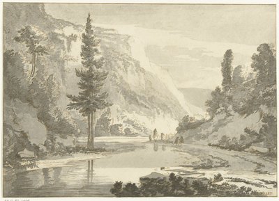 川岸に羊飼いがいる山の風景 作： Cornelis Brouwer