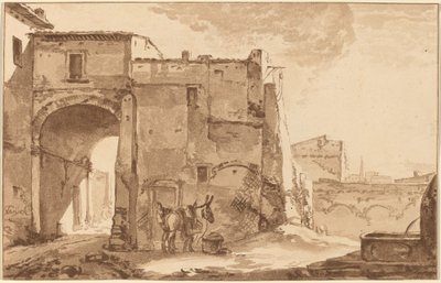 トラベラーとミュールのあるゲートウェイ、1781 年、1782 年発行。 作： Cornelis Brouwer