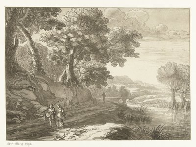 3 人の歩行者がいるイタリア風の風景 作： Cornelis Brouwer