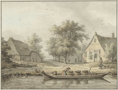係留された樽のあるはしけのある風景 作： Cornelis Buys