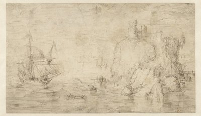 島で船のある海の風景 作： Cornelis Claesz van Wieringen (attributed to)