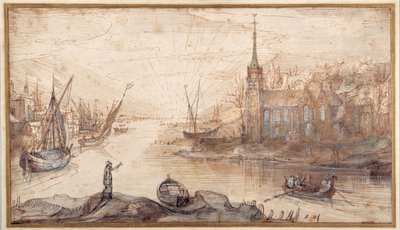 日没時の船と教会のある港の風景（紙にペンと茶色のインク、茶色のウォッシュ 作： Cornelis Claesz  van Wieringen