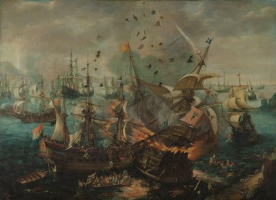 1607年のジブラルタルの戦い 1607 年 4 月 25 日のジブラルタル海戦中のスペイン旗艦の爆発 作： Cornelis Claesz  van Wieringen