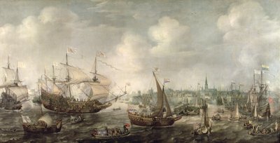1613年のフリシンゲンへのフレドリック5世の到着（キャンバスに油彩） 作： Cornelis Claesz  van Wieringen