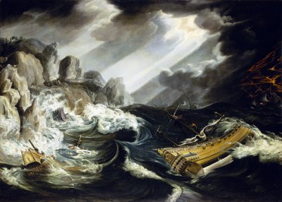 難破船「アムステルダム」、嵐の中、公海上で岩に激突する2隻の船 作： Cornelis Claesz  van Wieringen