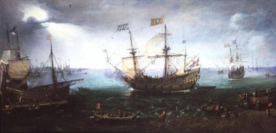 ドルトレヒトのマース川で敬礼をする3人のマスター 作： Cornelis Claesz  van Wieringen