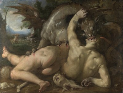 ドラゴンにむさぼり食われるカドモスの 2 人の信奉者、1588 年 作： Cornelis Cornelisz. Haarlem van