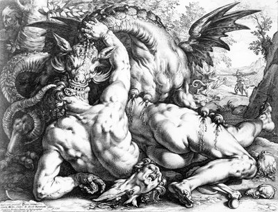 1588年にヘンドリックゴルツィウスが刻んだカドムスの仲間たちをむさぼり食うドラゴン 作： Cornelis Cornelisz van Haarlem