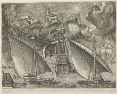3人のマスターの後ろにある2つのガレー船、空にはファエトンの崩壊 帆船（シリーズタイトル） 作： Cornelis Cort (possibly)