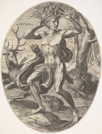 農村の神々、1565年のキパリサス。 作： Cornelis Cort