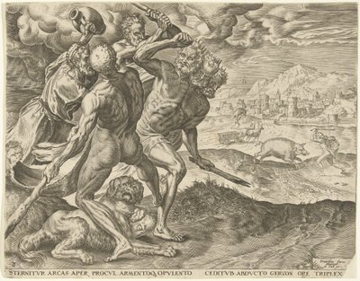 ヘラクレスはゲリオンと彼の犬を殺します ヘラクレスの労働 (シリーズ タイトル) 作： Cornelis Cort