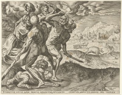 ヘラクレスはゲリオンと彼の犬を殺します ヘラクレスの労働 (シリーズ タイトル) 作： Cornelis Cort