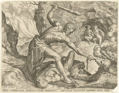 ヘラクレスはケルベロスを地獄から引きずり出す ヘラクレスの労働 (シリーズ タイトル) 作： Cornelis Cort