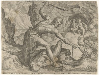 ケルベロスを地獄から引きずり出すヘラクレス ヘラクレスの労働 (シリーズ タイトル) 作： Cornelis Cort