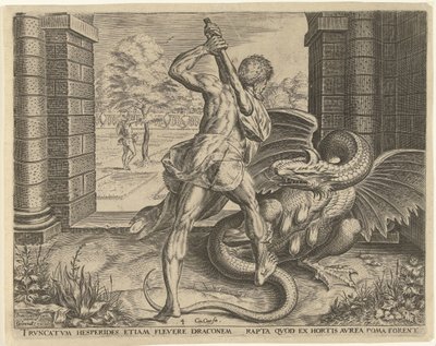 ヘスペリデスの金のリンゴを盗むヘラクレス ヘラクレスの労働 (シリーズ タイトル) 作： Cornelis Cort