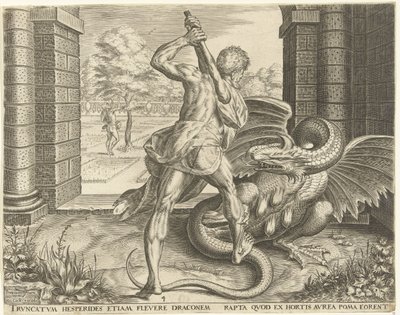 ヘスペリデスの金のリンゴを盗むヘラクレス ヘラクレスの労働 (シリーズ タイトル) 作： Cornelis Cort