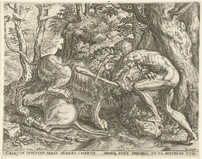 ネメアの獅子を絞め殺すヘラクレス ヘラクレスの労働 (シリーズ タイトル) 作： Cornelis Cort