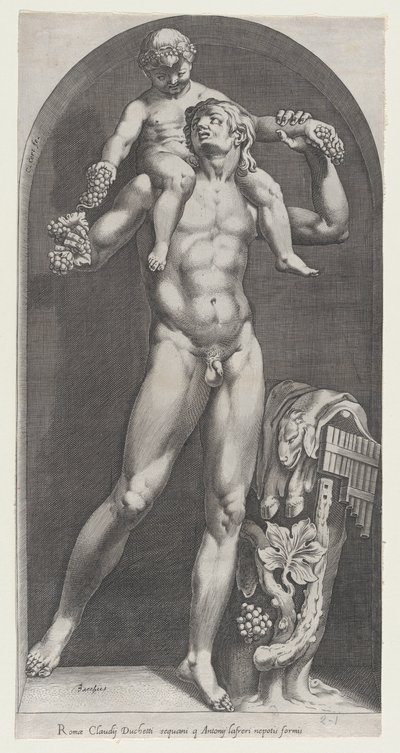 ローマの壮大さの鏡: サテュロスの肩に乗ったバッカス、16 世紀., 16 世紀. 作： Cornelis Cort