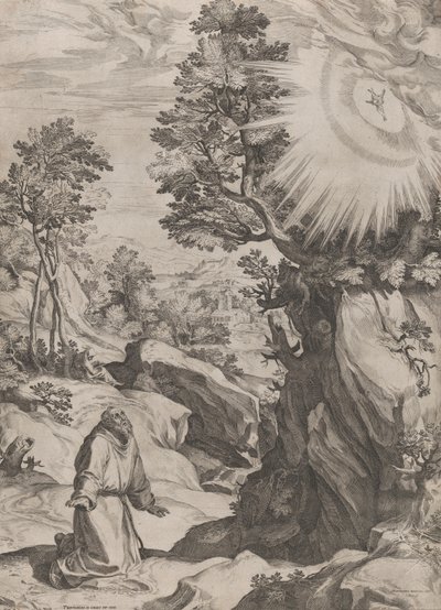荒野の聖フランシスコの悔い改め、1575年。 作： Cornelis Cort