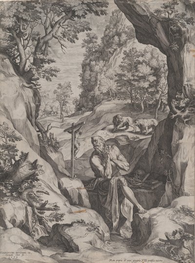 荒野の聖ジェロームの悔い改め、1573年。 作： Cornelis Cort