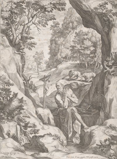 荒野の聖ジェロームの悔い改め、1573年。 作： Cornelis Cort