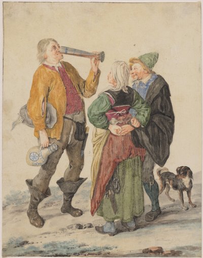夫婦と犬に観察される飲酒男 作： Cornelis Dusart