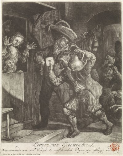 Grootebroek の宝くじ、1694 年 Lottery van Groottenbroek、思いやりのある Prysen tuys are brogrot を喜びとともに示す (オブジェクトのタイトル) 作： Cornelis Dusart