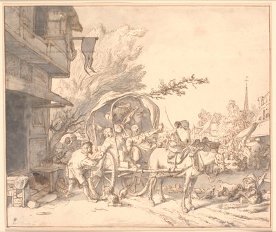 酒場の前のカートに溺死した農民がいる市場のシーン 作： Cornelis Dusart