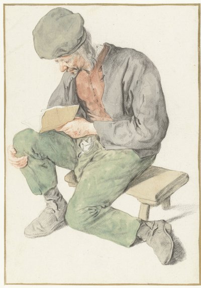 座って読書をしている男性、左向き 左を向いて本を持って座っている男性 作： Cornelis Dusart