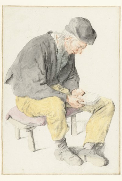 座って読書をしている男性、右向き 本を持って座っている男性が右を向いている 作： Cornelis Dusart