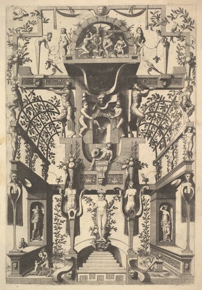 ストラップワークと2つのパーゴラを備えた幻想的な建築構造とVuの小さなシーン、1557. 作： Cornelis Floris Ii