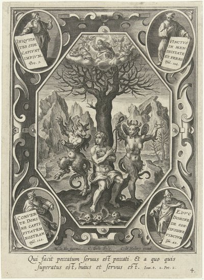 若者が 2 人の悪魔によって木に鎖でつながれている 作： Cornelis Galle (I)