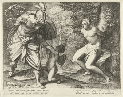 木につながれたヴィーナスとミネルバに罰せられるアモール 作： Cornelis Galle (I)