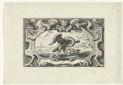ペリカンが自分の血を子供に与えているビネット 作： Cornelis Galle (II) (attributed to)