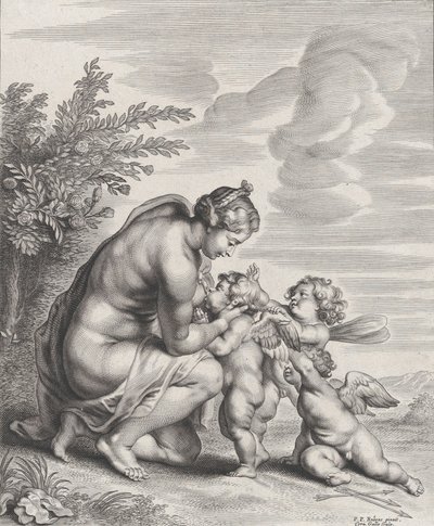 ある風景の中で 3 人のキューピッドを育てるヴィーナス。 1627-78。 作： Cornelis Galle II