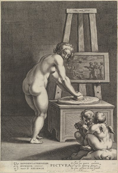 写真: 絵画のアレゴリー、中央に裸婦が顔料をすりつぶしている、2 つの p... 1610-50。 作： Cornelis Galle I