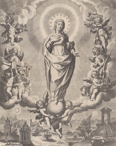 雲の上に立ち、シンボルを持った天使に囲まれた栄光の聖母...、1595-1633。 作： Cornelis Galle I