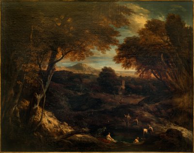 水浴びする人物を前景にした古典的な広い風景 作： Cornelis Huysmans