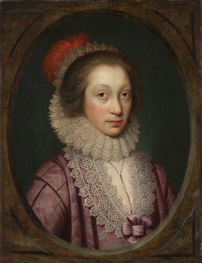 女性の肖像、おそらくエリザベス・ブースビー 作： Cornelis Jonson (called Jonson van Ceulen)