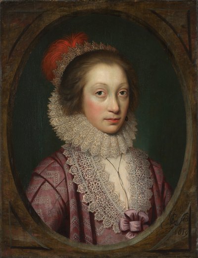 女性の肖像、おそらくエリザベスブースビー、1619年。 作： Cornelis Jonson