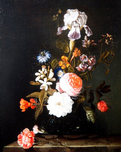 高台に置かれた花瓶の花の静物画（油彩・パネル） 作： Cornelis Kick