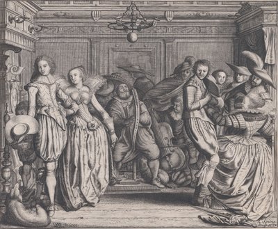 踊るカップルとミュージシャンがいるインテリア、カリフォルニア州。 1620年。 作： Cornelis Koning